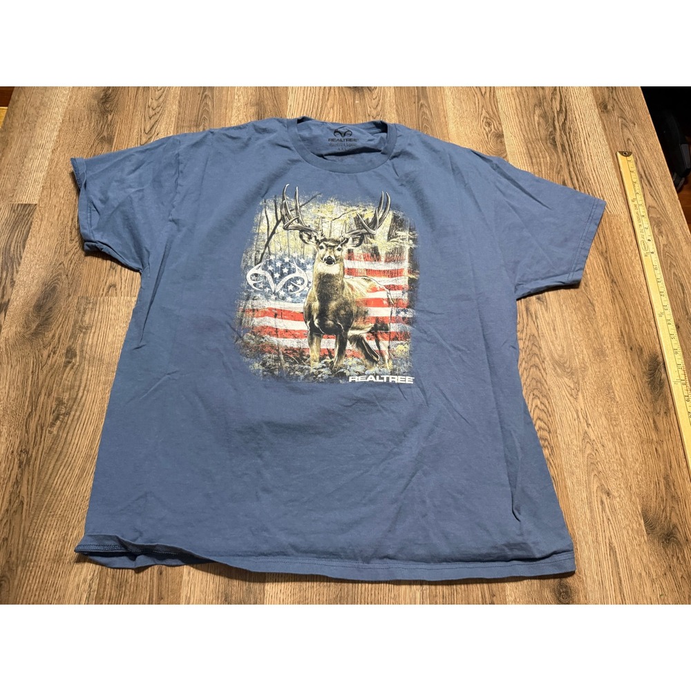 Realtree Shirt Mens Size XXL Blue American Flag Deer Graphic Hunter Buck